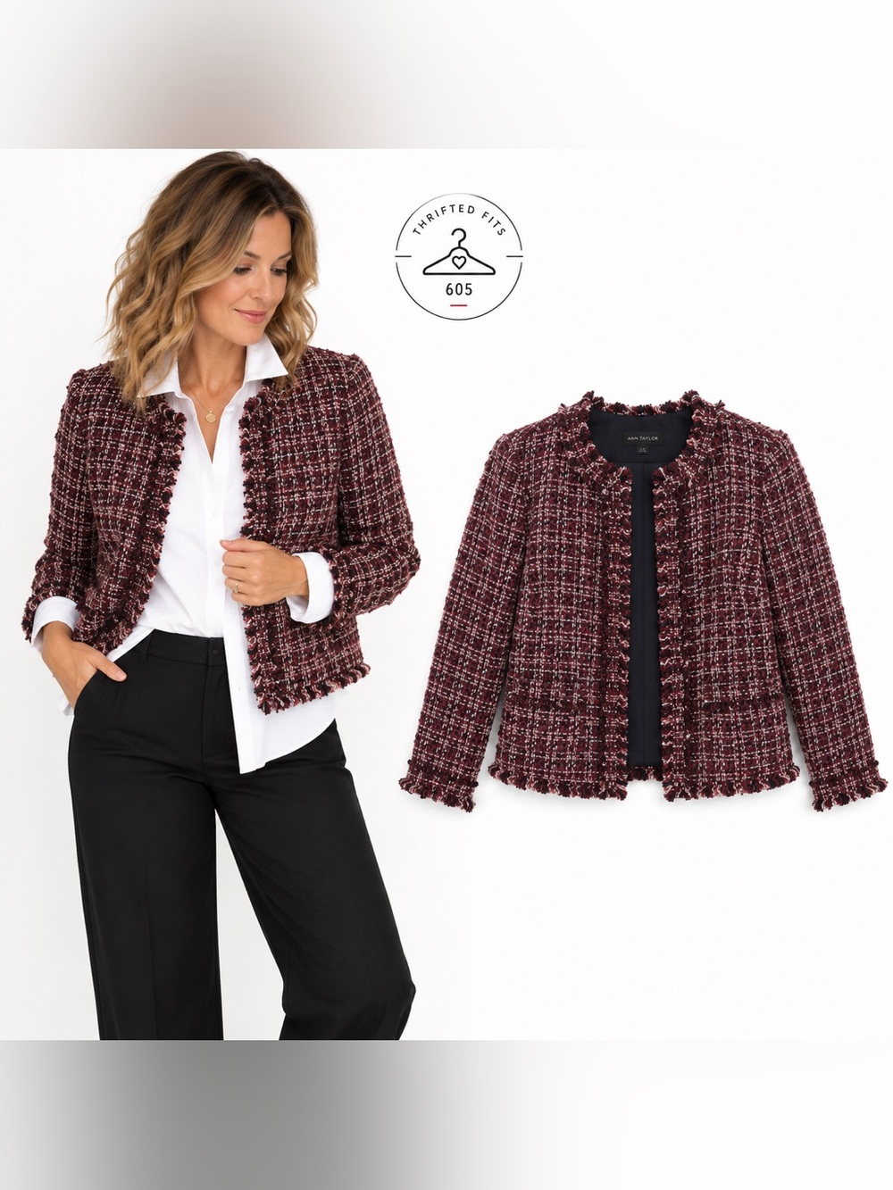 Ann Taylor Burgundy & Black Tweed Fringed Jacket